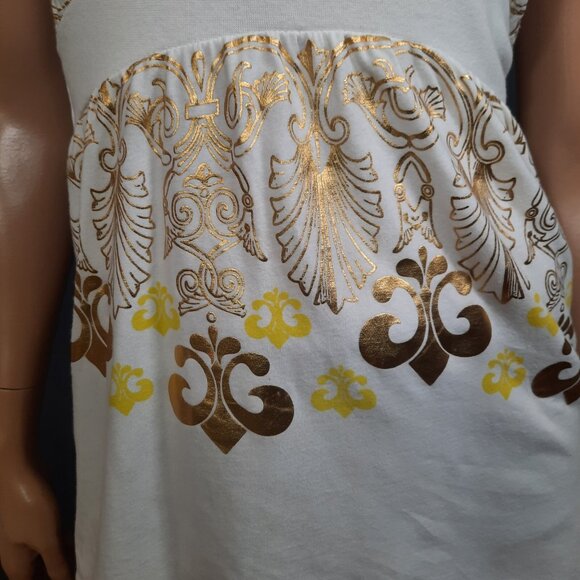 Y2K Dereon Beyonce Babydoll T shirt Top Size S V Neck Off White Fleur de Lis - Picture 2 of 7